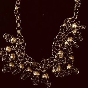 Bevy of Skulls Necklace 24” Goth or Rock Detailed miniature Skulls Goldtone NEW